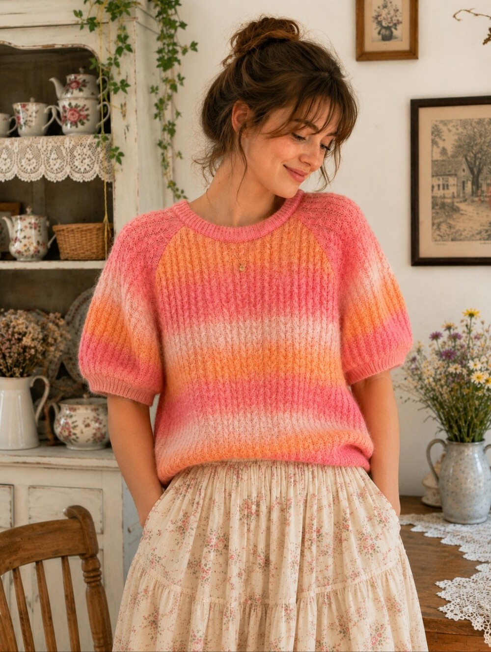 PIECES Fuzzy Ombre Knit Sweater | Pink Orange Stripe | Short Sleeve | Size Mediu